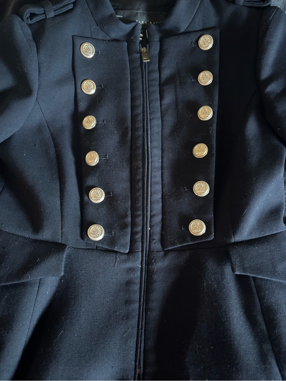 Zara Navy Military-Style Pea Coat with Gold Buttons